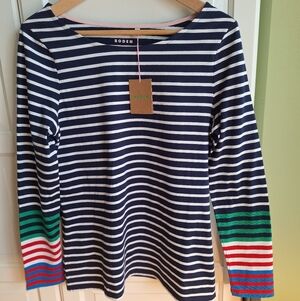 Boden Navy and White Striped Top with Colorful Sleeves